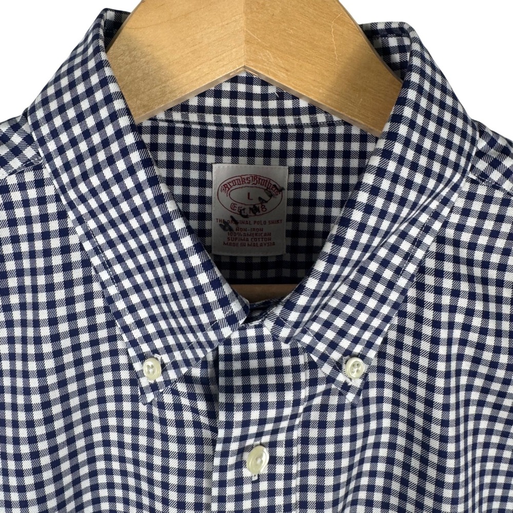 Brooks Brothers Gingham Non-Iron Supima Cotton Polo Shirt Mens L Navy Blue